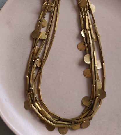 Brass Tube Necklace with Discs handmade jewelry, front  picture