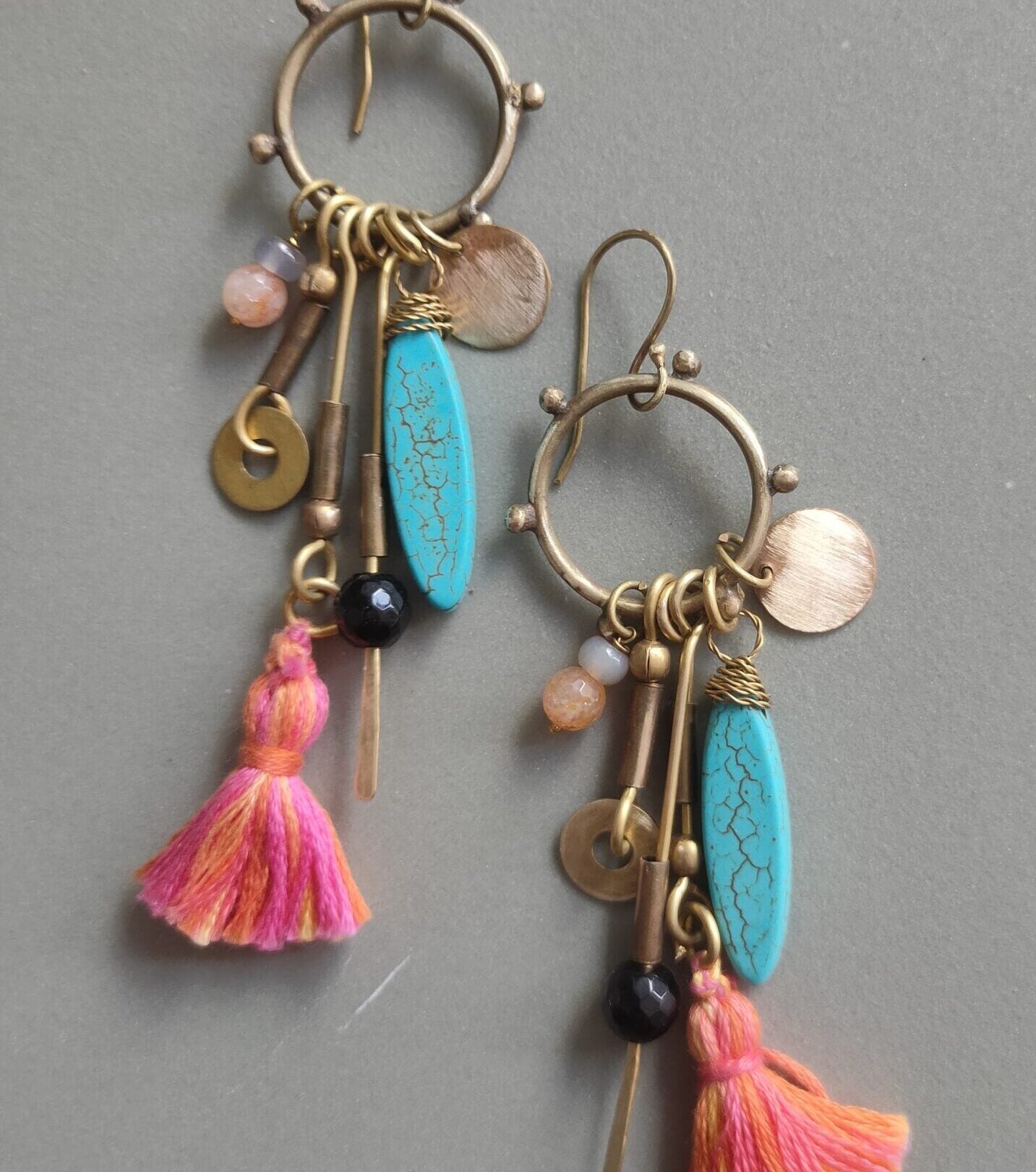 brass loop with peach tassel earrings handmade jewelry, front picture