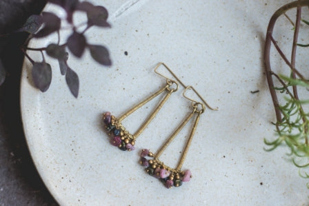 triangular chipped tourmaline brass earrings