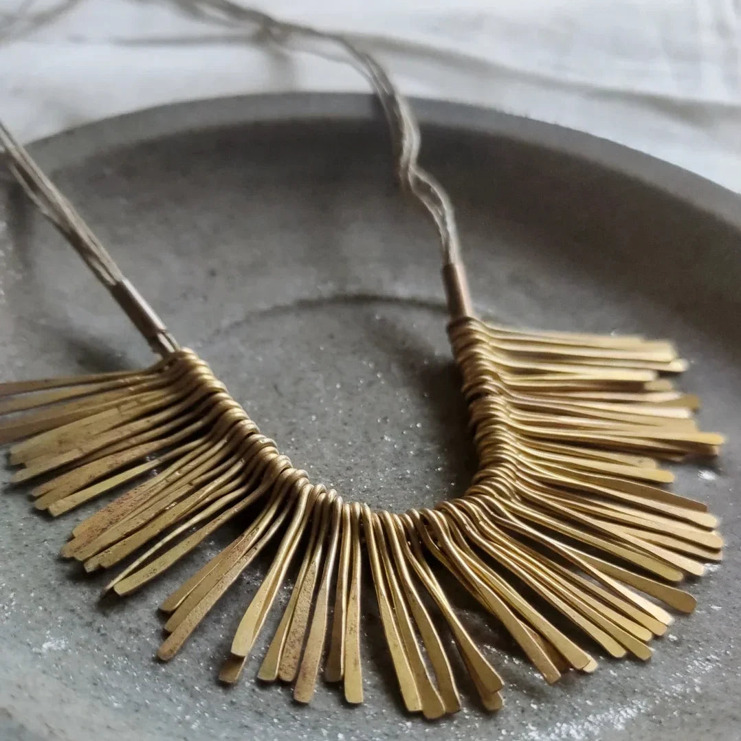 Brass Spikes Necklace handmade jewelry, closeup