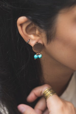 Circular disc earrings with turquoise beads handmade jewelry, front picture