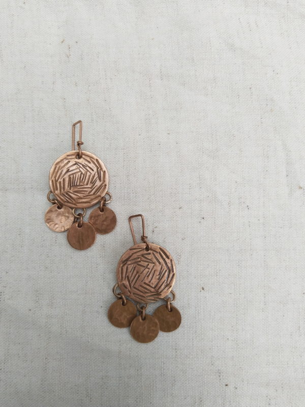 Circular Copper Disc Earring handmade jewelry, close up picture