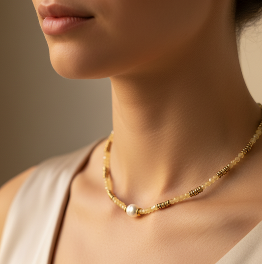 Golden zest necklace close-up on model