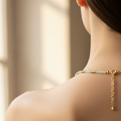 Mint necklace back view on model