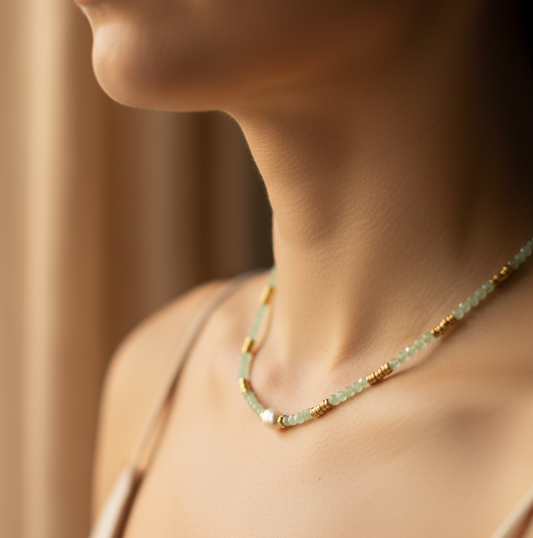 Mint necklace close-up on model