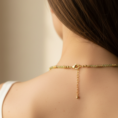 Moss necklace back view on model