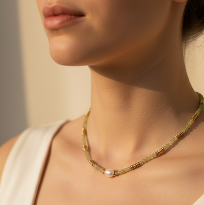 Moss necklace close-up on model