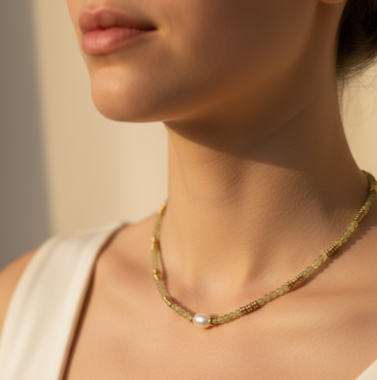 Moss necklace close-up on model