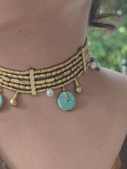 Turquoise Charm Brass Choker