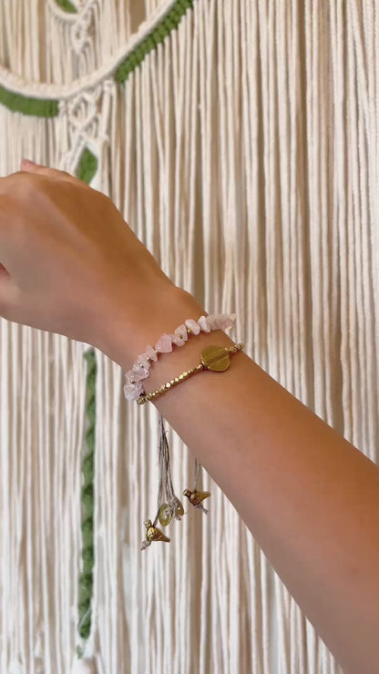 Layered Rose Quartz Bracelet with Brass Charms