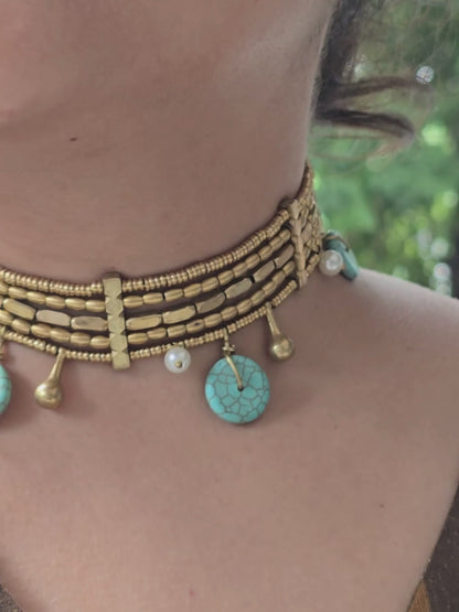 Turquoise Charm Brass Choker
