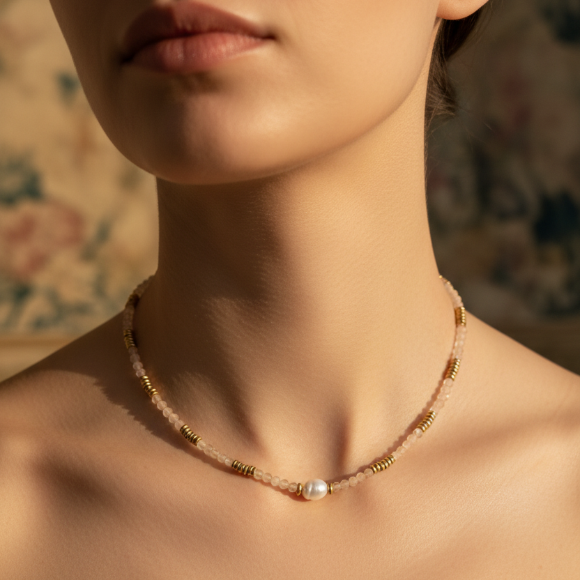 Rose necklace close-up on model