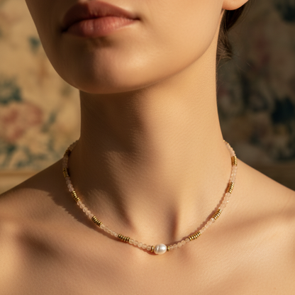 Rose necklace close-up on model