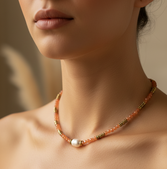 Tangerine necklace close-up on model